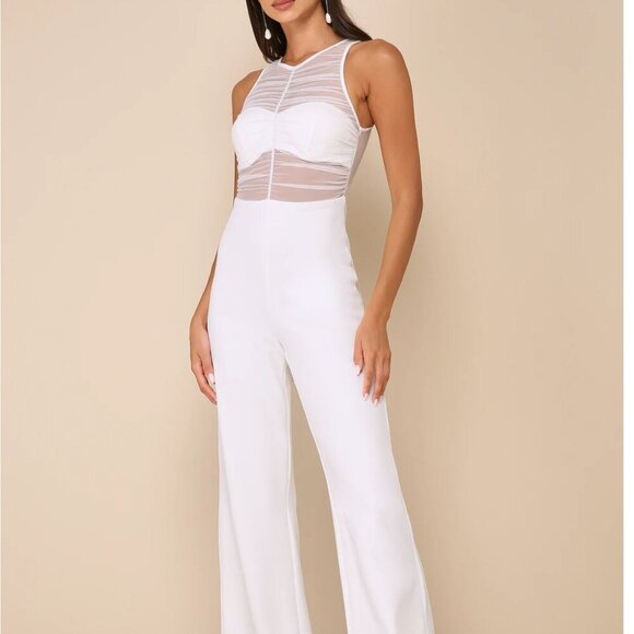 Lulus Pants - Lulus Sultry Charisma White Mesh Ruched Sleeveless Wide Leg Jumpsuit - Size L